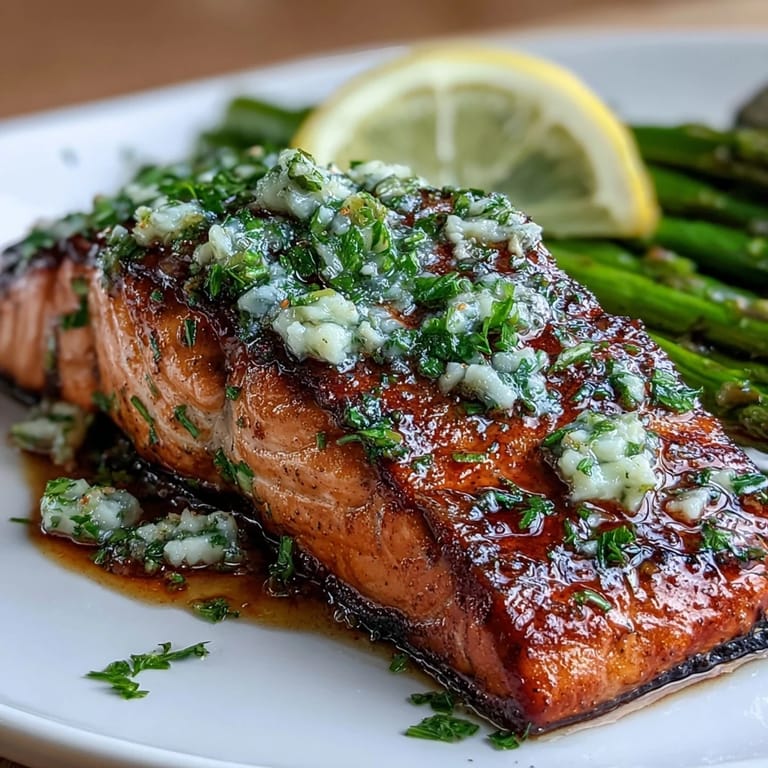 Pan-seared salmon fillets served with tender-crisp asparagus, bathed in a fragrant garlic butter sauce and garnished with fresh parsley for a spring-inspired dinner.