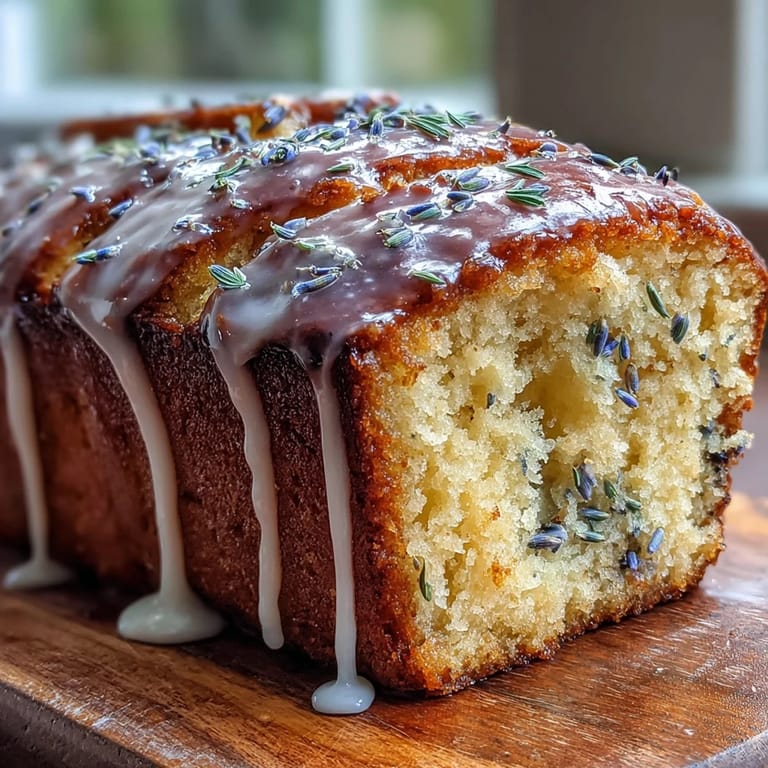 Moist Lemon Lavender Loaf Cake, showcasing its fragrant crumb and sweet citrus icing.