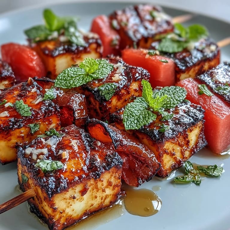 Vibrant Grilled Halloumi Skewers with watermelon, mint, perfect for summer entertaining.
