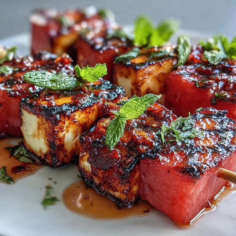 Savory halloumi cheese skewers on the grill, bright with watermelon and fresh mint.