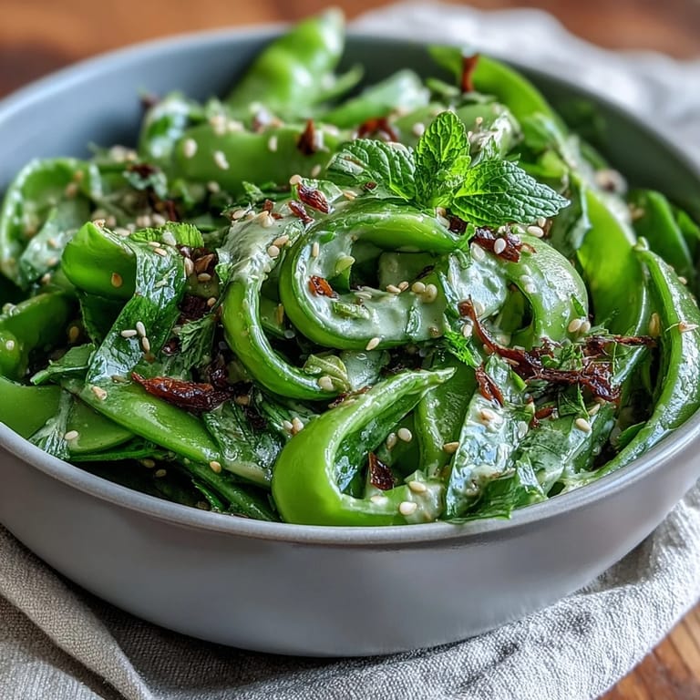 Vibrant Snap Pea and Radish Spring Salad, drizzled with tahini, ready to serve.