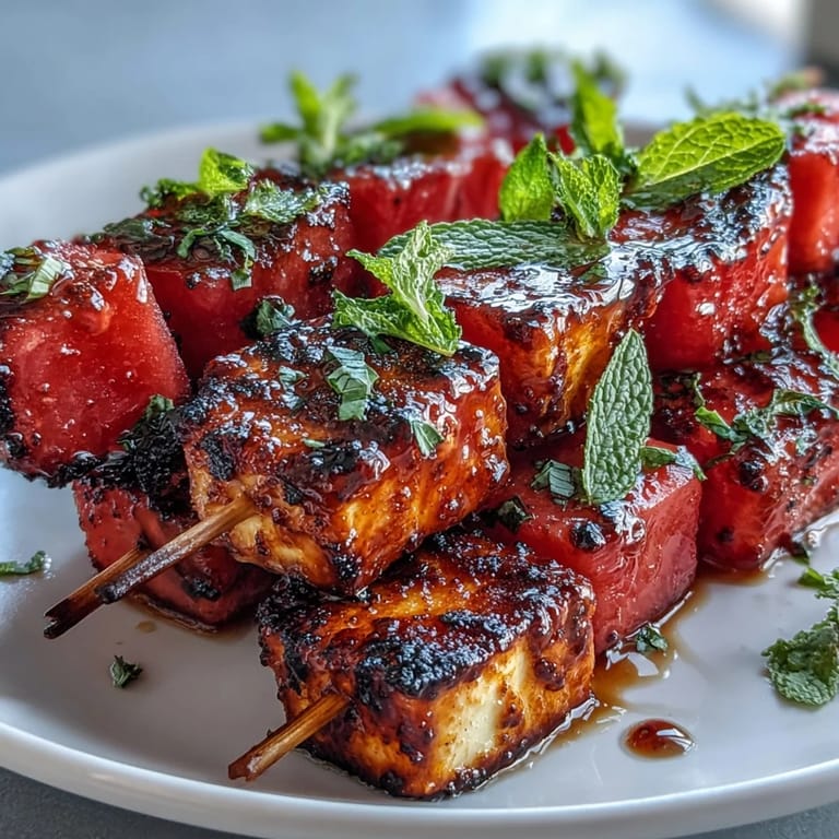 Bright watermelon and salty halloumi skewers with fresh mint, perfect for summer.
