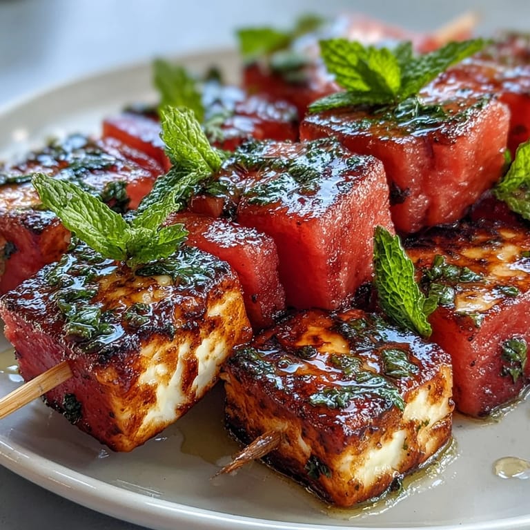 Golden grilled halloumi and watermelon skewers with vibrant mint, a delightful appetizer.