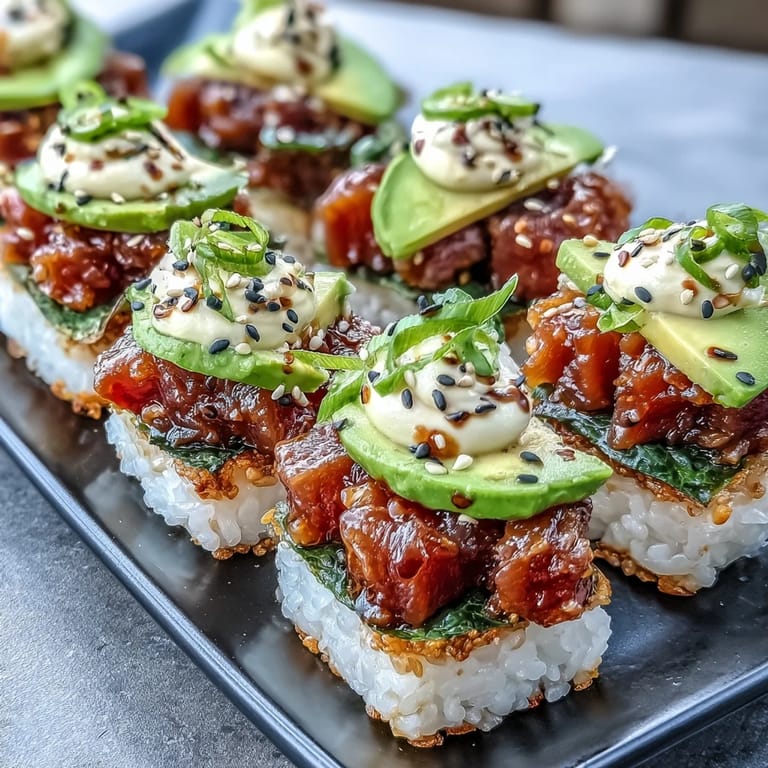 Viral appetizer featuring spicy tuna crispy rice bites, garnished with sesame.