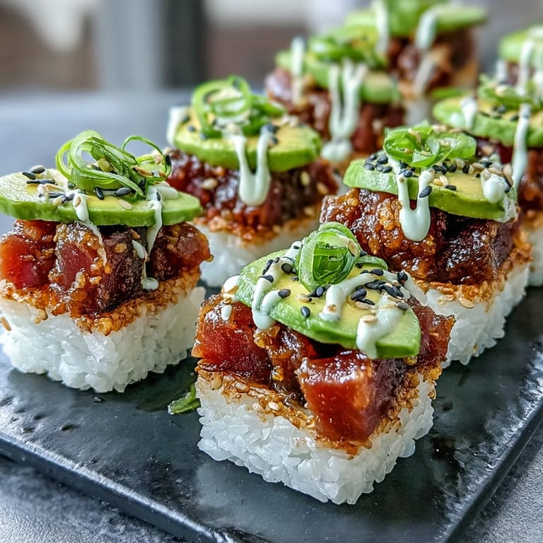 Delectable spicy tuna crispy rice bites perfect for an elegant appetizer spread.
