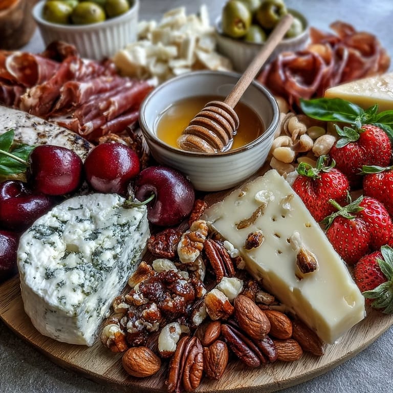 Abundant summer charcuterie board bursting with fresh fruit, savory meats, and cheese.