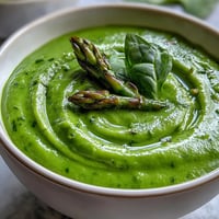 A close-up of the creamy Big Green Immunity-Boosting Vegetable Soup in a white bowl, garnished with fresh spinach and a drizzle of olive oil.