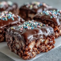Chocolate Covered Rice Krispy Treats with glossy chocolate, gooey marshmallow, and crunchy cereal, topped with rainbow sprinkles on a rustic wooden table.