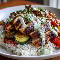 A vibrant bowl of blackened chicken nestled on fluffy white rice, topped with colorful sautéed peppers, zucchini, and a generous drizzle of zesty lime crema.