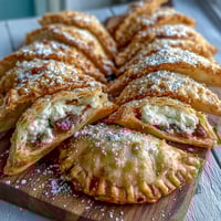 Golden air-fried Guava and Cheese Empanadas on a plate with powdered sugar dusting