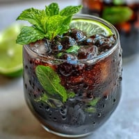 A tall glass of Black Currant Mojito filled with crushed ice, mint leaves, and a lime wheel garnish.