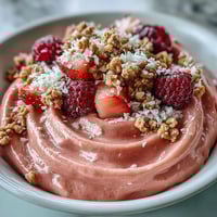 A vibrant Guava and Mango Smoothie Bowl topped with granola, coconut flakes, and fresh berries served in a bowl.