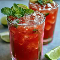 Two tall glasses of chilled guava nectar drink filled with ice cubes and garnished with fresh lime wedges and mint sprigs.