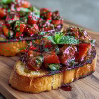 Fresh strawberry bruschetta with balsamic and mint served on toasted baguette slices, perfect for summer appetizers or light snacks.