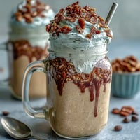 Creamy Vanilla Bean Frappuccino overnight oats jar layered with coffee and topped with whipped cream, perfect for a refreshing breakfast.