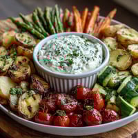 A vibrant spring vegetable board with radishes, peas, and creamy herb dip for sharing.