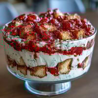 Mothers Day Strawberry Shortcake Layered Trifle with fluffy shortcake, ripe strawberries, and whipped cream in a glass bowl.
