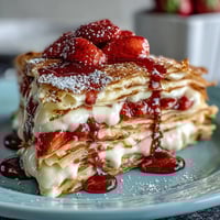 Layered strawberry crepe cake with delicate vanilla cream and fresh sliced strawberries, perfect for brunch or dessert.
