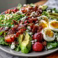 Spring Cobb Salad with Strawberries and Avocado features fresh greens, creamy avocado, juicy berries, and tangy feta in a vibrant, healthy dish.