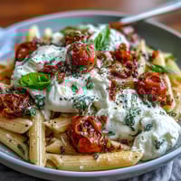 Caprese pasta with burrata, creamy cheese melting over fresh tomatoes and basil on a warm plate.  