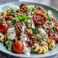 Fresh summer pasta salad with cherry tomatoes, mozzarella, and basil, drizzled with balsamic glaze for a vibrant, refreshing dish.