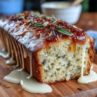 Lemon Lavender Loaf Cake, a golden slice drizzled with sticky honey glaze.