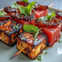 Grilled Halloumi Skewers with Watermelon and Mint, showcasing golden cheese and juicy fruit.